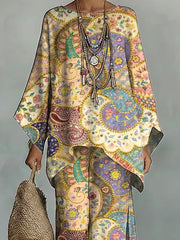 Women's Vintage Ethnic Floral Art Comfortable Loose Cotton Linen Wide-leg Pants Two-piece Set