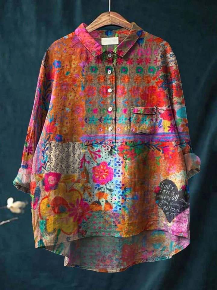 Women's Vintage Flower Art Print Cotton and Linen Shirt