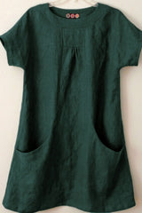Plain Pockets Round Neck Short Sleeves Blouse