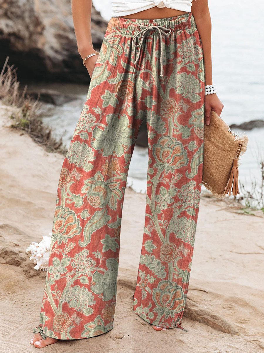 Women's Vintage Lovely Floral Art Printed Cotton And Linen Casual Pants