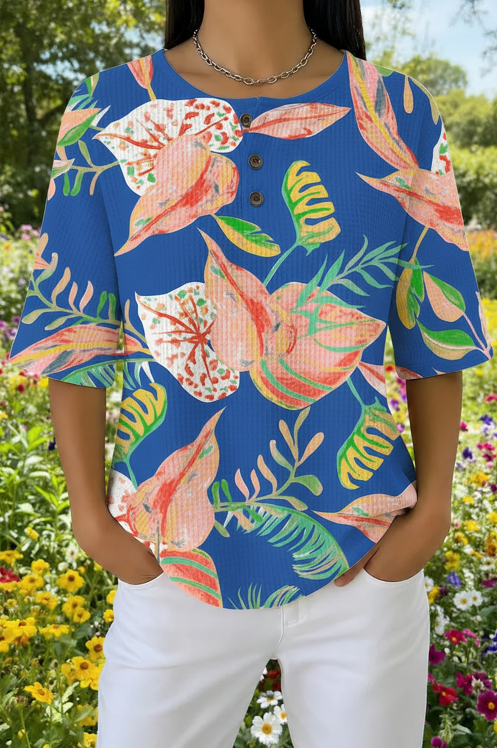 Womens Blue Exotic Floral Print Casual Waffle Cotton Shirt