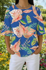 Womens Blue Exotic Floral Print Casual Waffle Cotton Shirt