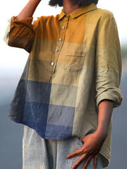 Women's Yellow Blue Art Mosaic Gradient Art Print Casual Cotton And Linen Shirt