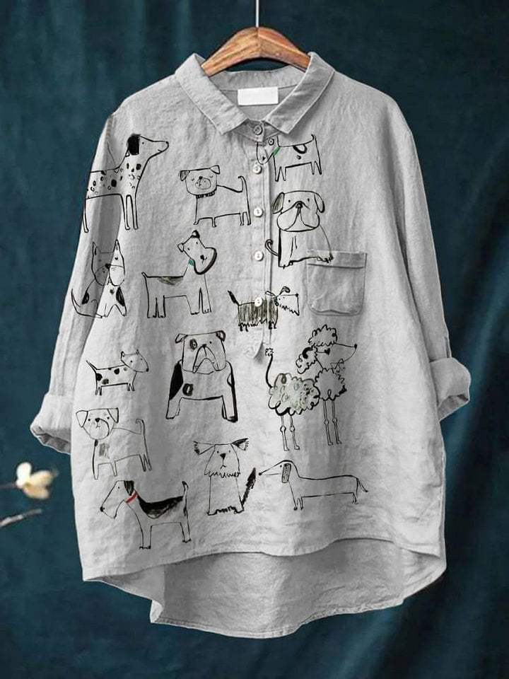 Hand drawn line dog Women's  Print Casual Cotton And Linen Shirt