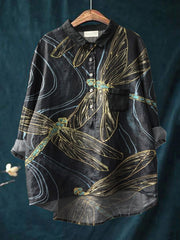 Line Drawing Dragonfly Decorative Pattern Casual Cotton And Linen Shirt