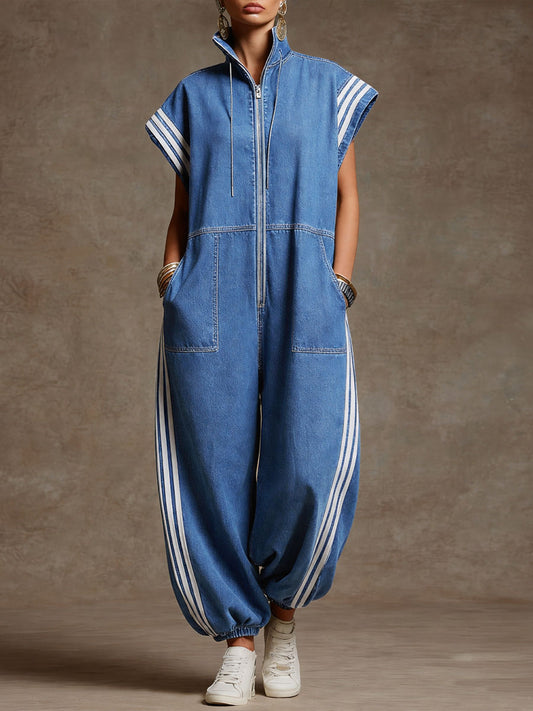 Women's Stand-collar Short-sleeved Casual Loose Denim Wide-leg Jumpsuit