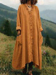 Textured Cotton V-Neck Ruffle-Trim Maxi Dress with Pockets