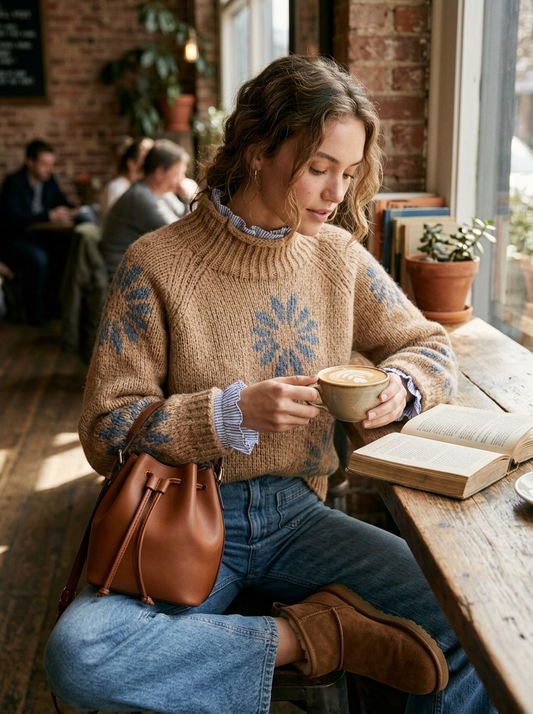 Women's Lovely Floral Art Print Knit Turtleneck Pullover Sweater