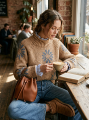 Women's Lovely Floral Art Print Knit Turtleneck Pullover Sweater