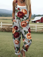 Women's Vintage Oil Painting Rose Print Sleeveless Loose Jumpsuit