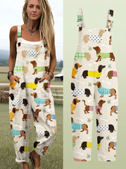 Women's Vintage Cute Dog Dachshund Art Print Casual Cotton Wide Leg Jumpsuit