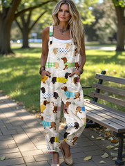 Women's Vintage Cute Dog Dachshund Art Print Casual Cotton Wide Leg Jumpsuit
