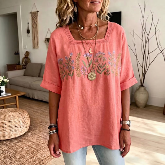 Women's Square Neck Embroidered Tunic Top - Casual Loose Fit Floral Plant Cotton Linen Blouse with Rolled Sleeves