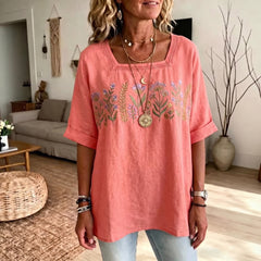 Women's Square Neck Embroidered Tunic Top - Casual Loose Fit Floral Plant Cotton Linen Blouse with Rolled Sleeves