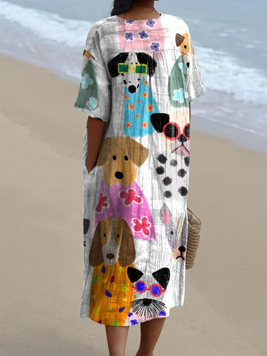 Women's Minimalist Colorful Cartoon Puppy Print Flowy Dress