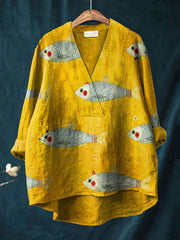 Women's V-neck fish print casual cotton linen shirt