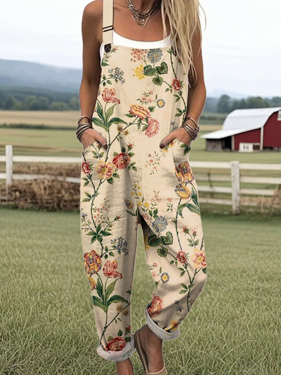 Women's Vintage Floral Art Print Casual Cotton Linen Wide Leg Jumpsuit