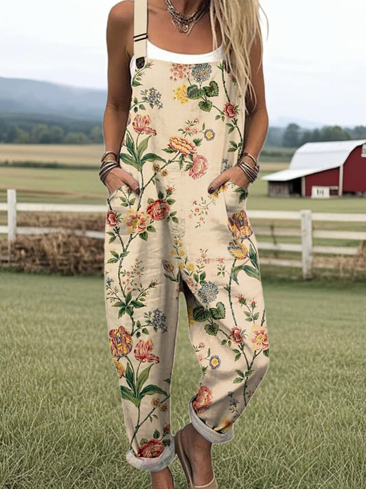 Women's Vintage Floral Art Print Casual Cotton Linen Wide Leg Jumpsuit