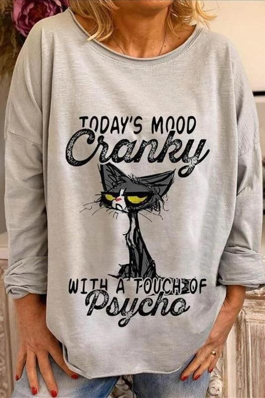 Letter Cat Print Round Neck Long Sleeves Shirts