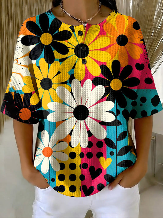 Women's Vintage Hippie Flowers Pattern Printed Casual Cotton Waffle Knit Sweatshirt