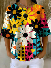 Women's Vintage Hippie Flowers Pattern Printed Casual Cotton Waffle Knit Sweatshirt