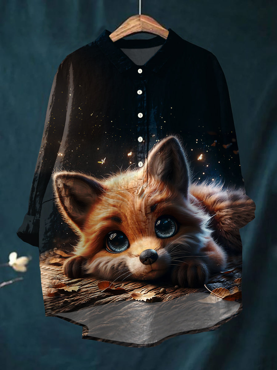Women's Fox Art Print Cotton and Linen Top