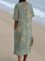 Women's Vintage Lovely Floral Art Print Casual Pocket Linen Dress(Convertible Dress With Front And Back Option)