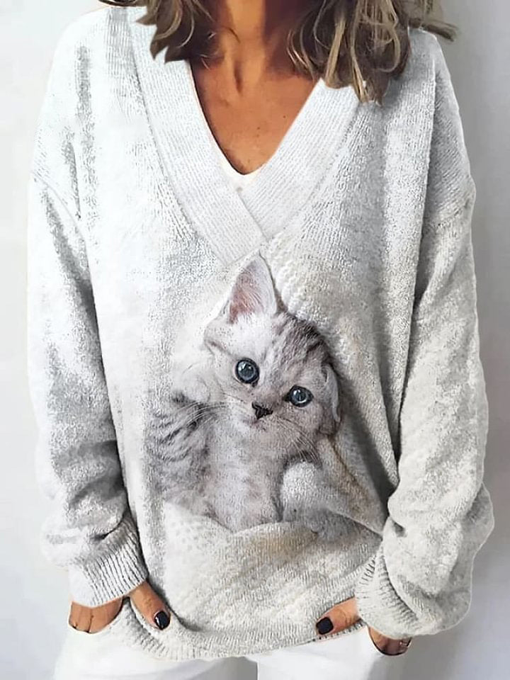 Women'S Cat Print V-Neck Knitted Sweater