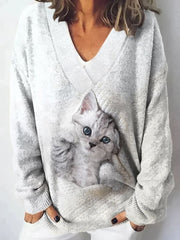 Women'S Cat Print V-Neck Knitted Sweater