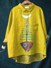 Fish Moon Art Pattern Print Casual Cotton And Linen Shirt