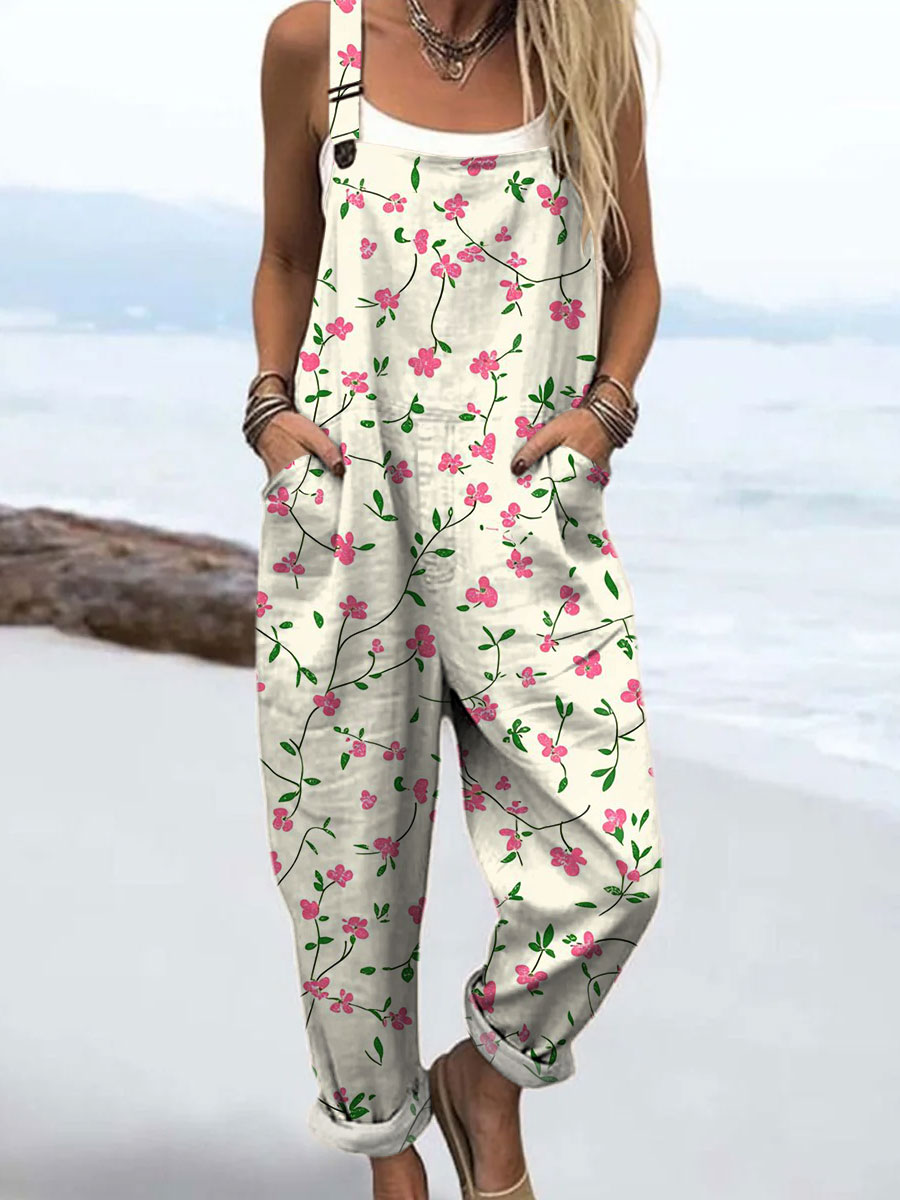Women's Fashion Floral Art Print Casual Cotton Wide Leg Jumpsuit