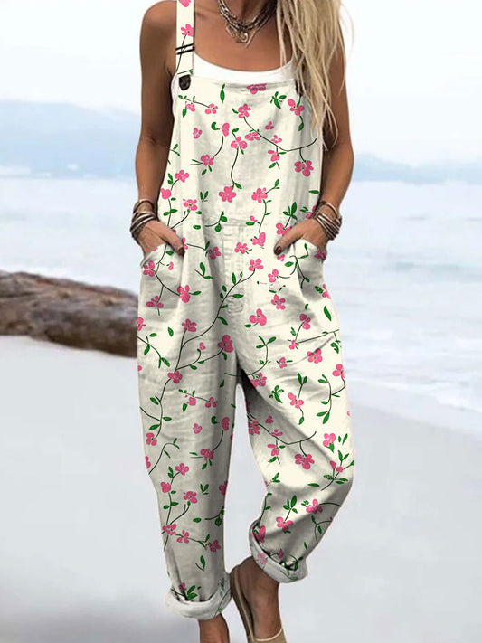 Women's Fashion Floral Art Print Casual Cotton Wide Leg Jumpsuit