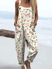 Women's Fashion Floral Art Print Casual Cotton Wide Leg Jumpsuit