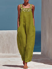Women's Square-neck Sleeveless Loose-fit Cotton-linen Wide-leg Jumpsuit