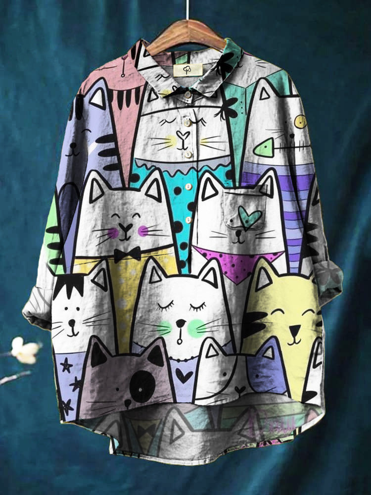 Cartoon Cute Animal Kitten Print Cotton And Linen Shirt