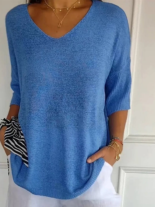 Solid Color Knitted V-Neck Top