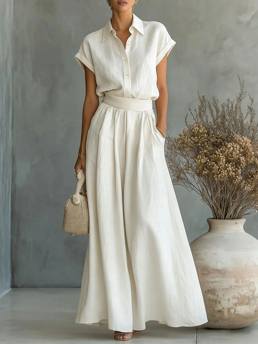 Women's Casual Solid-color Short-sleeved Shirt & Wide-leg Pants Two-piece Set