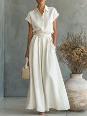 Women's Casual Solid-color Short-sleeved Shirt & Wide-leg Pants Two-piece Set