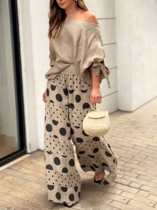 Women's Women Solid Color Round Neck Long Sleeves Casual Loose Tops High Waist Polka Dot Print Casual Loose Wide Leg Pants