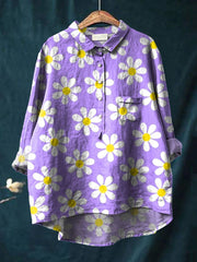 Women's Purple Daisy Art Print Casual Cotton And Linen Shirt