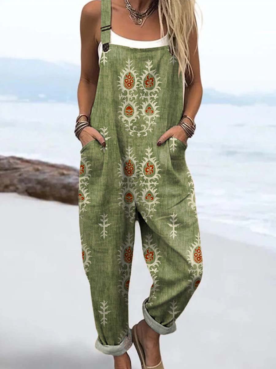 Women's Vintage Floral Pattern Art Print Casual Cotton Wide Leg Jumpsuit