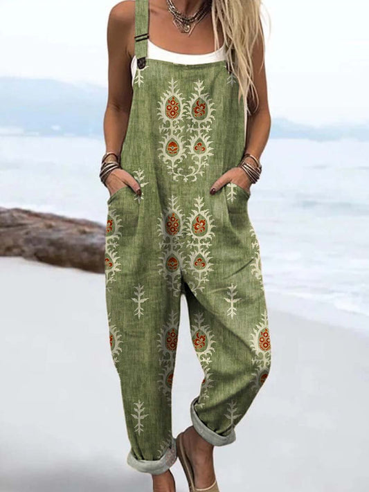 Women's Vintage Floral Pattern Art Print Casual Cotton Wide Leg Jumpsuit