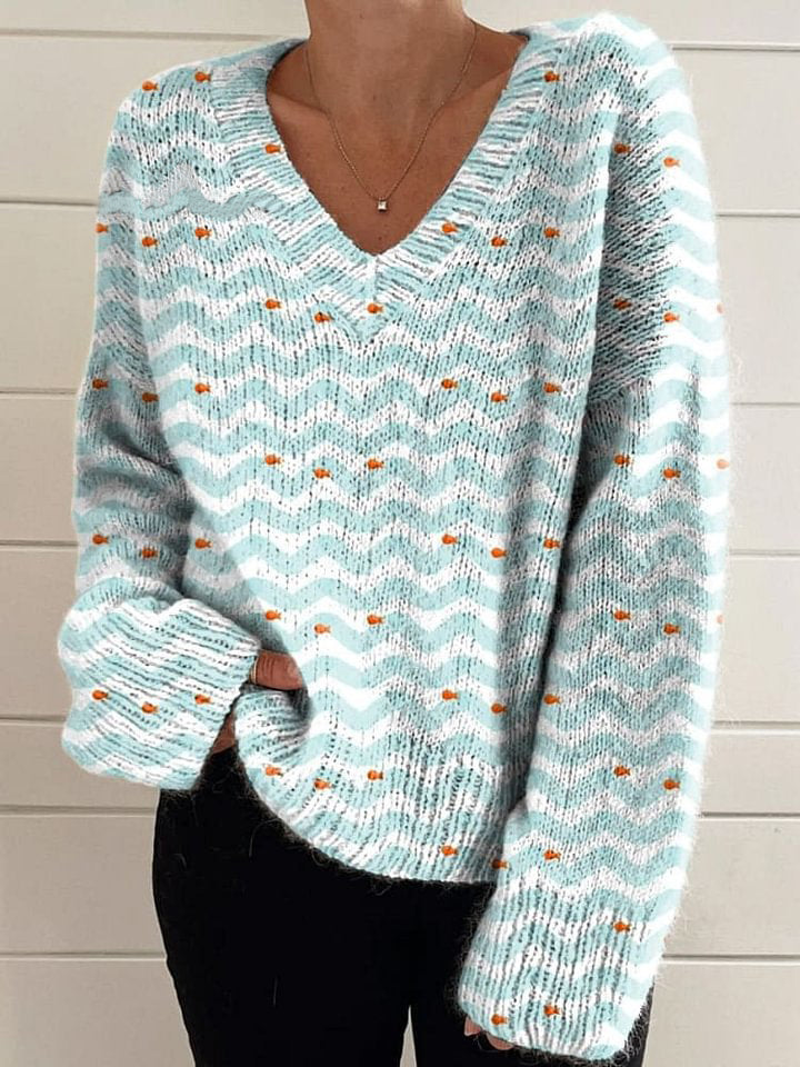 Watercolor Petite Goldfish Pattern Printed Women's Casual V-Neck Pullover Knit