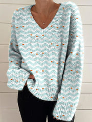 Watercolor Petite Goldfish Pattern Printed Women's Casual V-Neck Pullover Knit