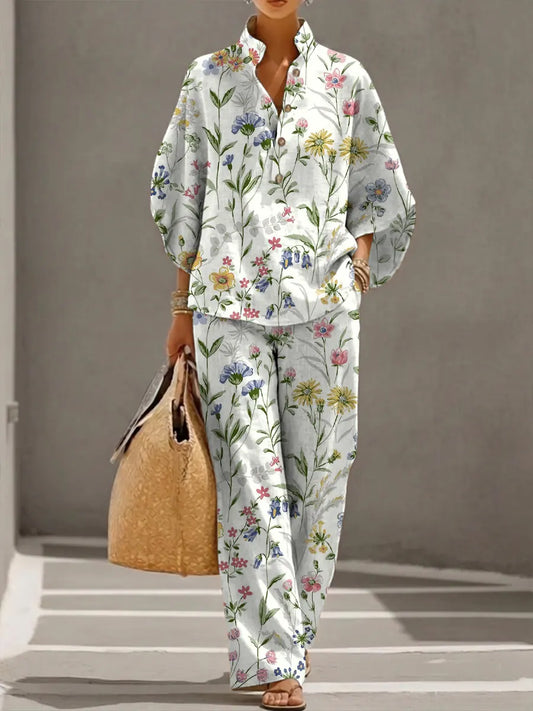 Women's Retro Floral Art Print Casual 3/4 Sleeve Top And Pants Cotton Linen Suits