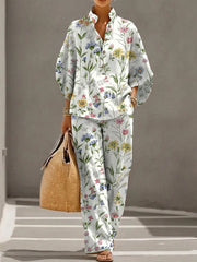 Women's Retro Floral Art Print Casual 3/4 Sleeve Top And Pants Cotton Linen Suits