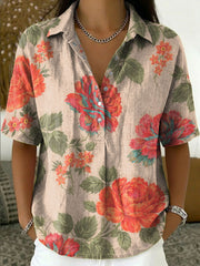 Women's Vintage Botanical Floral Casual Polo Collar Short-sleeved Linen And Cotton Shirt