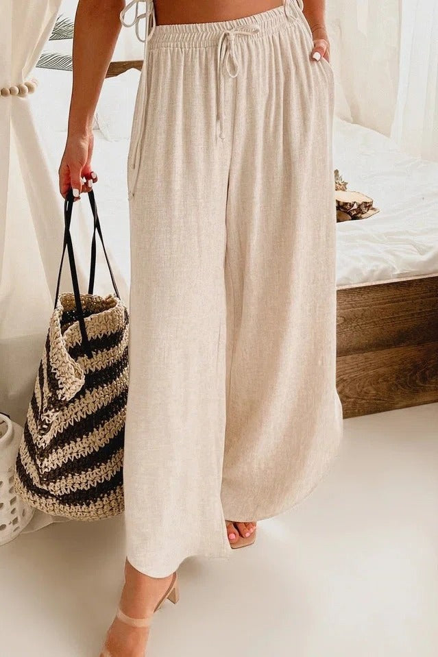 Solid Color with Pockets Sashes Wide Leg Pants