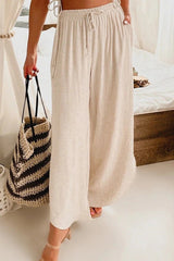 Solid Color with Pockets Sashes Wide Leg Pants