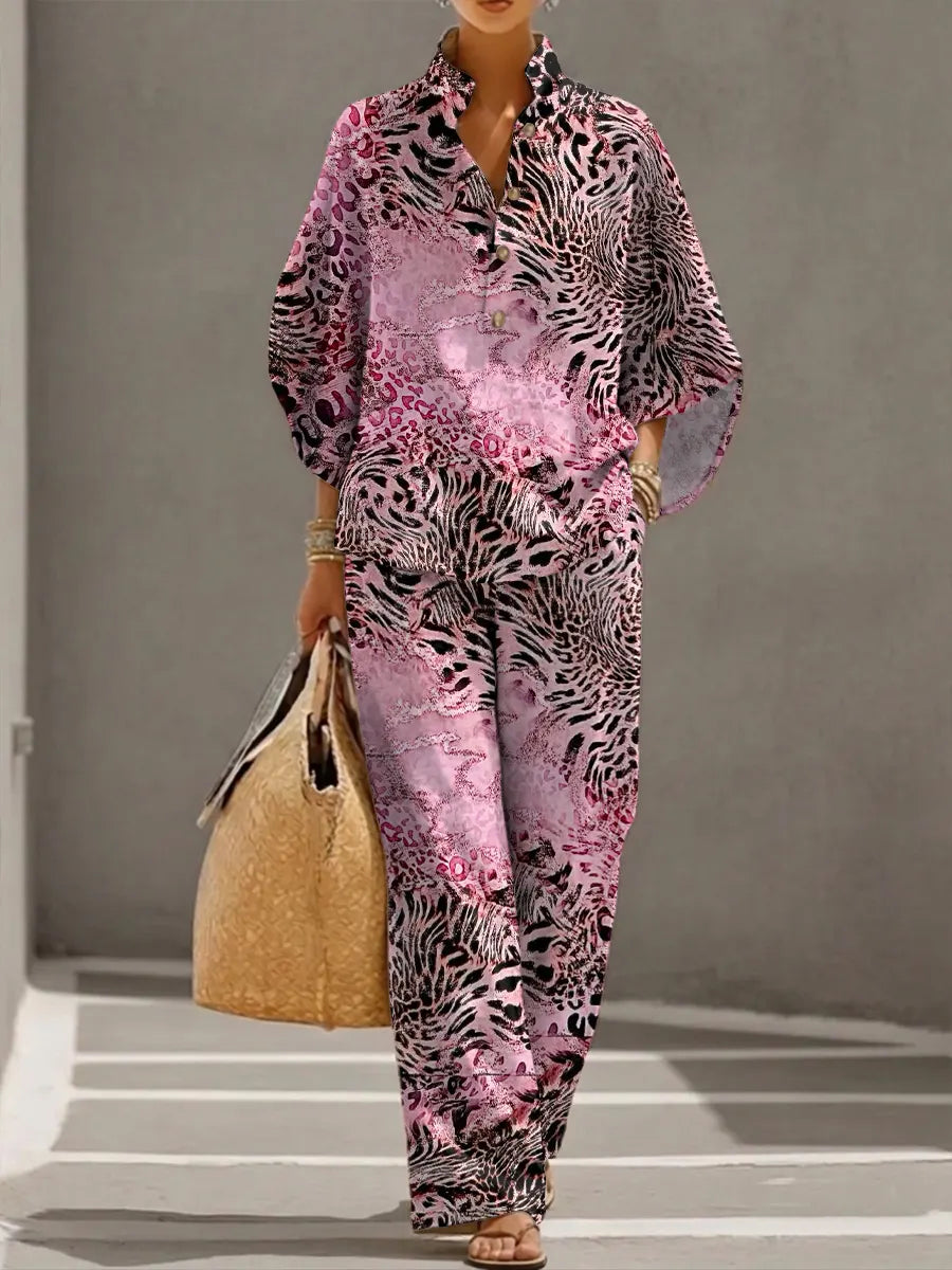 Women's Retro Leopard Art Print Casual 3/4 Sleeve Top And Pants Cotton Linen Suits